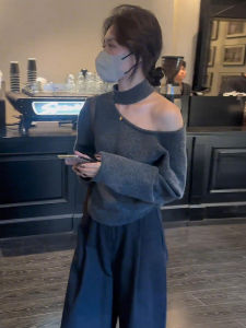 Shoulder-baring Long Sleeve Knitted Sweater Womens Early Autumn New Design Loose Base Layer Top for Autumn And Winter