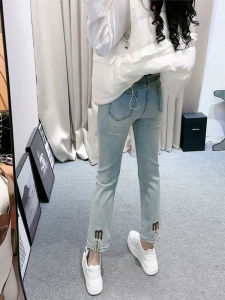 กางเกงยีนส์ทรงตรงยืดหยุ่นไซส์ใหญ่ ปักลาย 9 ชิ้น เอวกลาง ทรงสลิมฟิต กางเกงขายาวทรงดินสอ ทรงสลิมฟิต เหมาะกับผู้หญิงไซส์ใหญ่