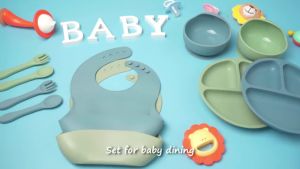 Baby Feeding Set 6pcs Silicone Baby Plate Set Infant Silicon Bib Suction Bowl Cup Spoon Forks