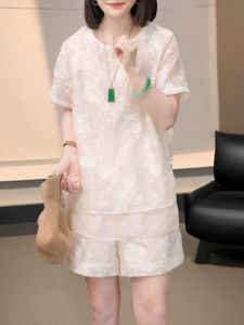 Shalldoer | Bộ đồ hai mảnh phong cách Trung Hoa mới có quần ống rộng và áo thun tay ngắn dành cho nữ mùa hè trang phục giản dị họa tiết hoa chất liệu cotton