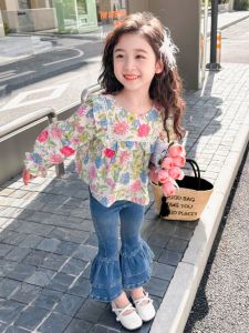 Spring 2024 Floral Print Baby Girl Shirt And Bell Bottom Jeans Two Piece Set Childrens Fashion Sleeveless Denim Outfit
