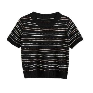 🦋 VEVE 8 Color Women Korean Style Round Neck T Shirt Summer Stirped Print Knitted Short Sleeve Tops