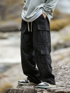 Trendy Cotton Work Pants Mens Loose Straight Leg Casual Long Trousers Sporty Sweatpants Spring Autumn Japanese Style