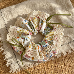 Ins Romantic Cottagecore Floral Lace Scrunchies Wooden Button Ribbon Bow Soft Elastic Hair Rings Girls Sweet Hair Accessory Gift