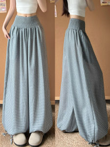 YIFANSHI | Quần Dài Ống Rộng Kiểu Dáng Thoáng Mát Họa Tiết Caro Xám Xanh