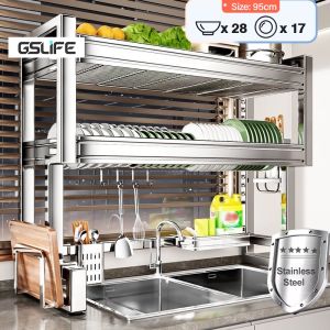 GSlife Stainless Steel Over-Sink Dish Rack Large Capacity Dish Drainer with Accessories 65-95cm