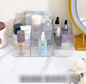 Organizer Kosmetik Rak Make Up Transparan 4 Sekat / Tempat Remote AC TV HP Desk Storage / Rak Sekat Kotak Penyimpanan Barang Kecil / Rak Penyimpanan Pensil Pulpen Lipstik