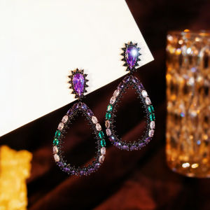 SEQUITO Ladies Hollow Waterdrop Black Gold Plated Dangle Earrings Micro Pave Multicolor AAAAA Zirconia Daily Part SE1061