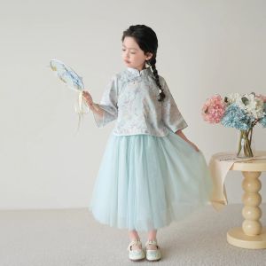 Bộ Đồ Hai Mảnh Phong Cách Trung Hoa Cho Bé Gái Quần Áo Sinh Nhật Mùa Xuân Thu Áo Lưới Nửa Thân Bộ Đồ Hanfu Cho Trẻ Em