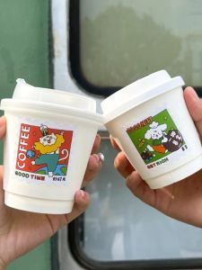 Disposable Coffee Cup Milk Tea Hot Drink Ins Thickened White Double Layer Cups with Lid Take out Take Away Leak-Proof Commercial Use