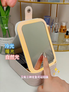 2in1 LED Makeup Mirror 3 Lights Multi-compartment Storage Organizer Capacity Jewelry Box Travel Makeup Pocket