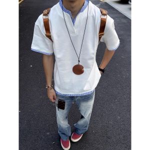 American Style False Two-Piece V-Neck Short Sleeve Mens Summer Clothing Durable Fabric Loose Fit Breathable Polo Shirt