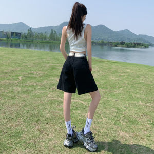 QIAOMIDUO | Summer Thin Elastic Waist Red Denim Short Pants Womens Four-Quarter Wide Leg Mid-Length Colorful Five-Part Pants Casual Style