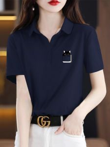Slimming Loose Large Size Artistic Korean Style Pure Cotton Printed Short Sleeve Summer Polo Neck Casual Versatile Top Women
