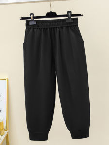 2025 Summer New Style Womens Cotton Blend Slimming 7/8 Length Casual Sports Pants High Waist Thin Fabric Black Color