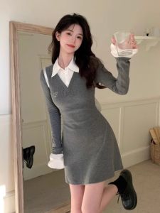 ชุดเดรสฤดูใบไม้ร่วง/ฤดูหนาวสำหรับผู้หญิง ชุดเดรสยาวคลุมเข่าแขนยาวคอโปโล ชุดเดรสสไตล์ฝรั่งเศสแบบอ่อนโยนสำหรับการออกกำลังกายในบ้าน