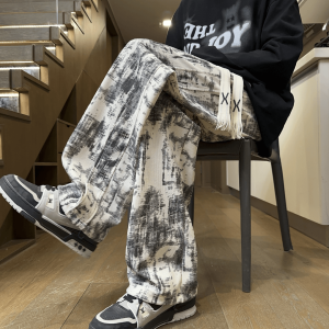 กางเกงลำลองชายผ้าพันคอสีขาวสไตล์อเมริกันทรงหลวมสบายๆ ฤดูใบไม้ร่วงปี 2024 กางเกงขายาวทรงหลวมๆ ทรงหลวมๆ ทรงหลวมๆ