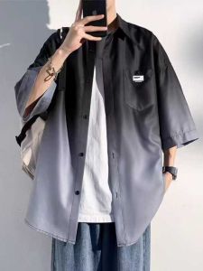 Áo Sơ Mi Nam Ice Silk Short Sleeve Summer Casual Loose Fit Long Sleeve Gradient Print Business Office Party Wear