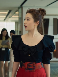 Rose Story Black Button-up Work Shirt with Ruffles and Short Sleeves for Women Loose K-style Crewnoe Clothing