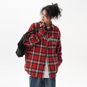 Bwka American Retro Red Gingham Shirt Female Male Autumn Fashion Brand High Street Loose Embroider Long Sleeve Shirt Coat