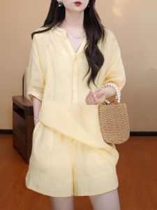 Shalldoer | Casual Yellow Sun Protection Shirt And Shorts Two-Piece Set For Women Summer 2025 New Korean Style Loose And Cool Fashion