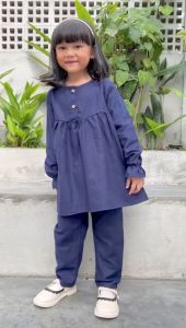 Setelan Anak Cewek Khanza Linen Hooneybee Junior Warna Navy Size 2-10 TH