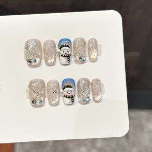 10PCS Luxury Handmade Press On Nails Christmas Snowman Short Ladder Design Fake Nails With 4-PIECE Tool Adhesive Nail Glue Tabs