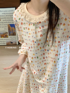 Cute Cartoon Print Lace Trim Long Sleeve Pure Cotton Sleepwear Womens Style Summer New Sweet Dress Gown round Neck Long Skirt