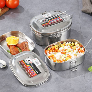 กล่องพร้อมฝาปิดอาหารกลางวันความจุมากแบบคลาสสิกสองชั้นกล่องอาหารกลางวันสแตนเลสสตีล304ขนาด1000มล. สำหรับกล่องอาหารจานด่วนโรงอาหารกล่องอาหารกลางวันสำหรับนักเรียนโรงเรียน