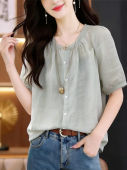 Beautiful Short Sleeve Shirt Female Blouse 2026 Summer New Round Neck Linen