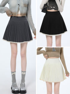 Grey Lace Splice A-Line Mini Skirt Womens High Waist Slimming Pleated Short Skirt Anti-Light Hip Covering Autumn Fashion