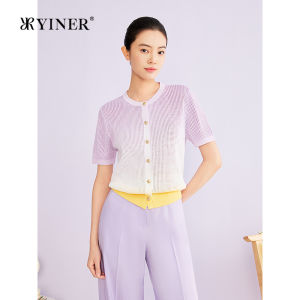 YINER | Lace Hollow Texture Acetate Blended Gradient Knitted Shirt