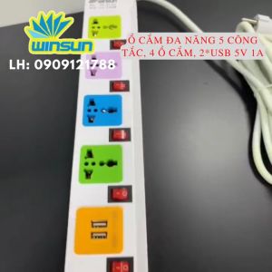 Ổ cắm điện đa năng phích cắm điện 5 công tắc 4 ổ cắm 2*USB 5V 1A dài 3 mét Winsun