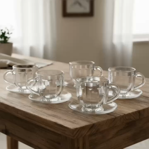 Bộ 6 Tách Cà Phê Thủy Tinh Có Quai 210ml Kèm Đĩa Lót - Kiểu Dáng Vintage Khía Đứng Cao Cấp