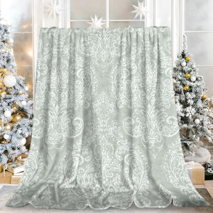 Beast Kingdom | Light Grey Green Damask Flannel Blanket Soft Fuzzy Plush Cozy Warm Throw for Sofa Bed Couch Home Decor Gifts