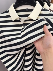Mens T-shirt loose and comfortable lapel casual striped polo shirt