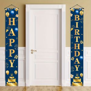 180Cm * 30cm/70.8in * 11.8in navy blue birthday porch banner decoration gold balloon cake pattern decorative banner happy