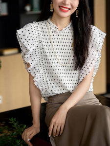 XIAOER | Áo Blouse T Tay Bồng In Chấm Pháp cho Nữ