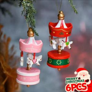 6Pcs Colorful Wooden Carousel Horse Hanging Decor Christmas Tree Pendant Merry-Go-Round Festival Party Christmas Decoration
