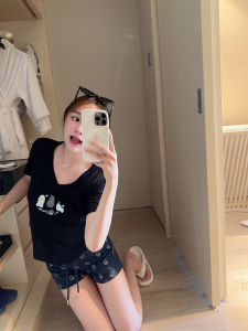 Slim Fit Comfortable V-Neck Loose T-Shirt Pure Color Casual Womens Summer Short Sleeve T-Shirt Haleyhaley Original Design