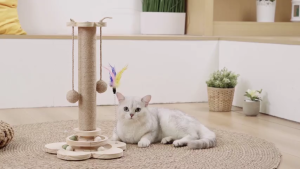 4in1 Solid Wood Cat Scratching Post Natural Sisal Scratcher with Interactive Track Toys and Dangling Plush Ball
