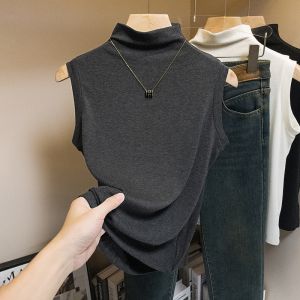 Elegant French Style Slim Fit Sleeveless Half Turtleneck Sweater