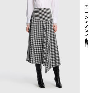 ELLASSAY | Elegant Black White Check Asymmetrical Flare Midi Skirt