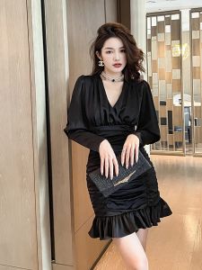 Hebe Style Luxury Long Sleeve Fish Tail Short Skirt Womens Slimming Bodycon Mini Dress Covering Meat Wrap around Dress New Model