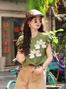 Loose Summer Short Sleeve T-Shirt Womens New 2025 Three-dimensional Decoration Casual Green Top Chen Jiexi Oasis