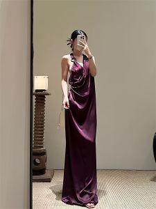 Elegant French Style Backless Dress Pure Desire Hanging Neck Intersecting Ring Decorated Gown Smooth Surface Drapey Long Skirt