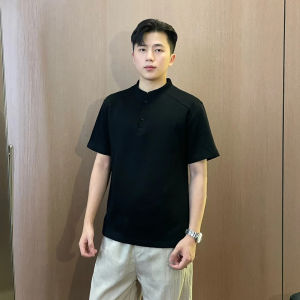 Mature Stable Decomposed Henry Collar Short Sleeve Black Polo Shirt Men Summer Fashionable Shoulder T-Shirt American Five Sleeve