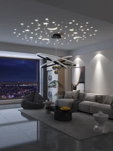 LED Chandelier Mordern Luxury Three-head Dimmable Star Projection Pendant Light Elegant Adjustable Length Trichromatic Light Hanging Light for Dining Living Room Office Loft Decorative Lighting