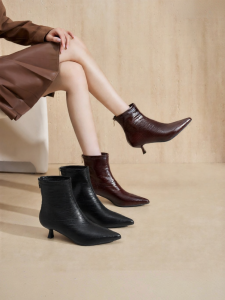Josiny | Pointed-toe Ankle Boots for Women Leather Slim Bootie Low Heel