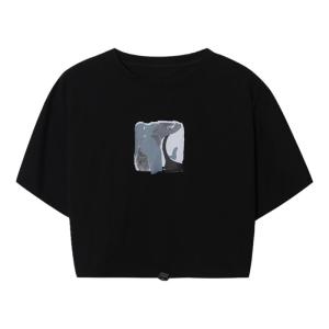 Loose Fit Short Sleeve T-Shirt Womens Summer New Style Black Versatile Half Sleeve Top American Retro Print Commute Korean Style